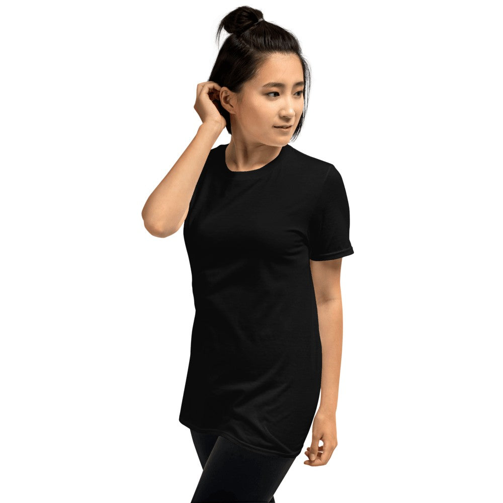 Person wearing a black t-shirt on a white background